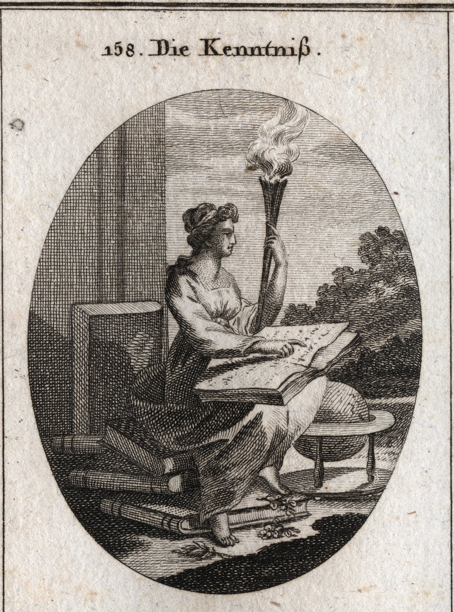 Allegorie des Wissens, basierend auf verschiedenen Bänden von Autoren mit einem Buch auf den Knien. Die Fackel verweist auf das Licht, das sie in die Seelen bringt. Gravur in „Iconologie oder Ideen aus dem Gebiete der Leidenschaften und Allegorien bildlich von Austrian School