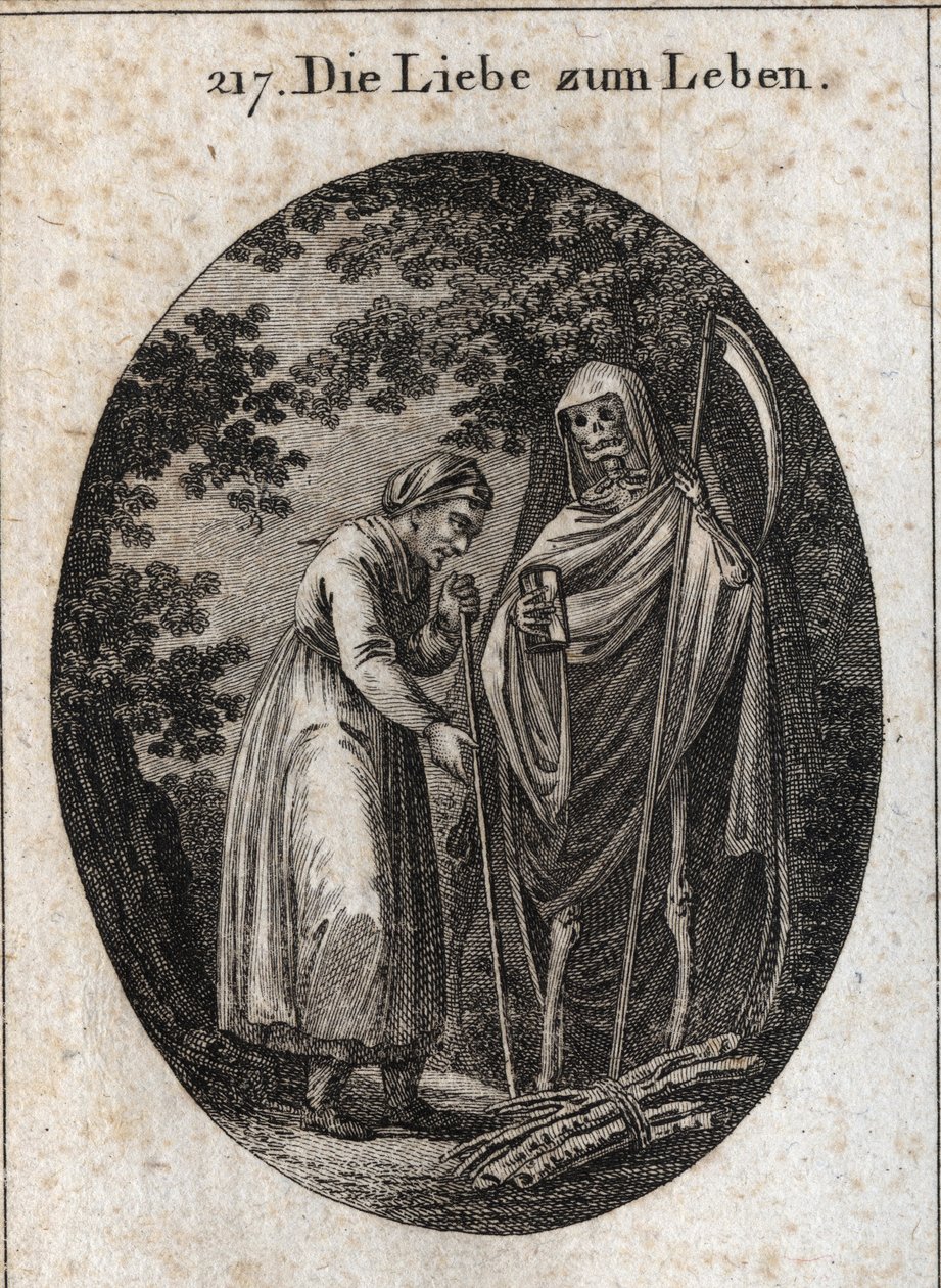 Allegorie der Lebensliebe. Eine alte Frau ruft den Tod, um ihr zu helfen, ihre Holzscheite auf den Kopf zu legen. Gravur in „Iconologie oder Ideen aus dem Gebiete der Leidenschaften und Allegorien bildlich dargestellt für Zeichner, Maler, Dichter, Gelehrte von Austrian School