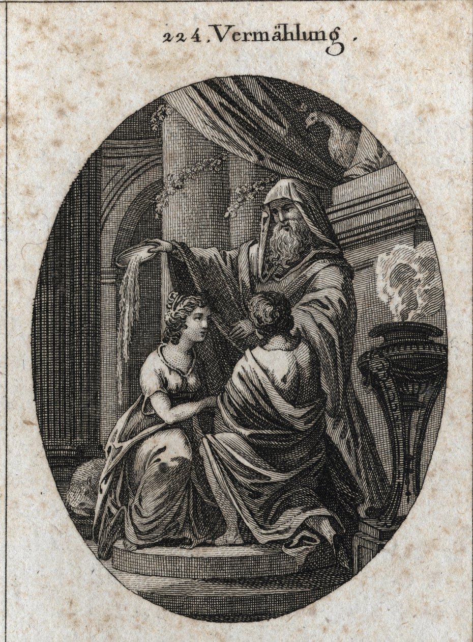 Allegorie der Ehe: Der Priester wirft die Galle der Tiere hinter den Altar, um zu zeigen, dass es in der Ehe keine Bitterkeit gibt. Gravur in „Iconologie oder Ideen aus dem Gebiete der Leidenschaften und Allegorien bildlich dargestellt für Zeichner, Maler, von Austrian School