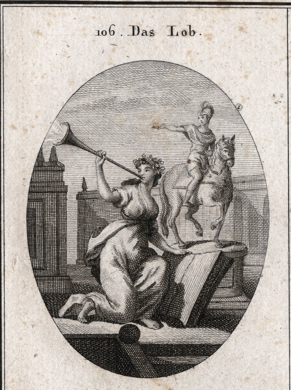 Allegorie des Lobes, die ein Buch hält, um zu zeigen, dass es durch die Hilfe der Schriften die Nachwelt überdauert. Sie bläst eine Trompete, aus der der Glanz des Ruhms hervorgeht. Die Reiterstatue ist da, um die Helden zu loben. Gravur in „Iconologie ode von Austrian School
