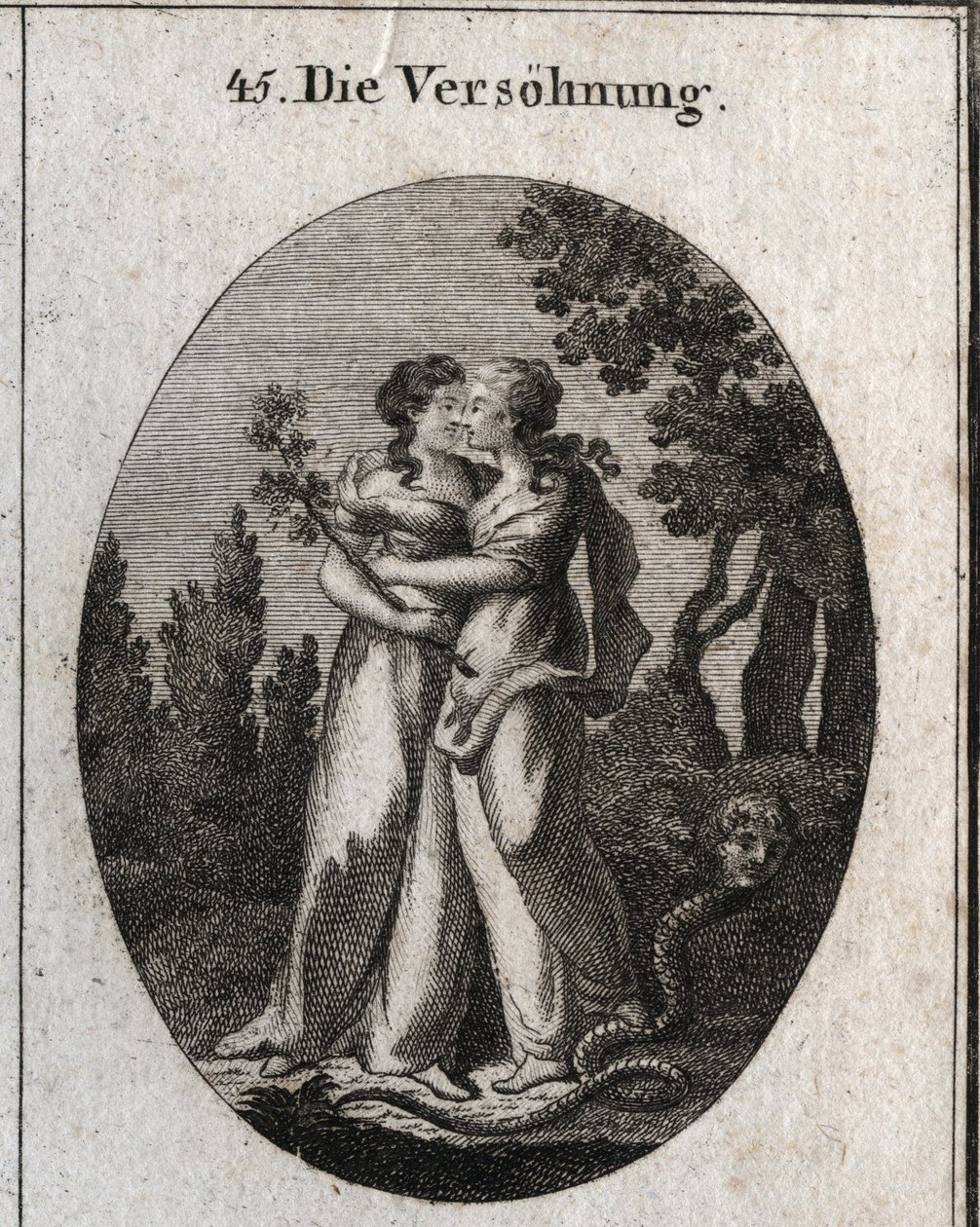 Allegorie der Versöhnung, gekennzeichnet durch zwei Frauen, die sich küssen. Eine hält einen Olivenzweig, Symbol des Friedens, und die andere tritt eine Schlange mit menschlichen Gesichtern, Emblem des Betrugs und der Bosheit, unter ihre Füße. Gravur in „I von Austrian School