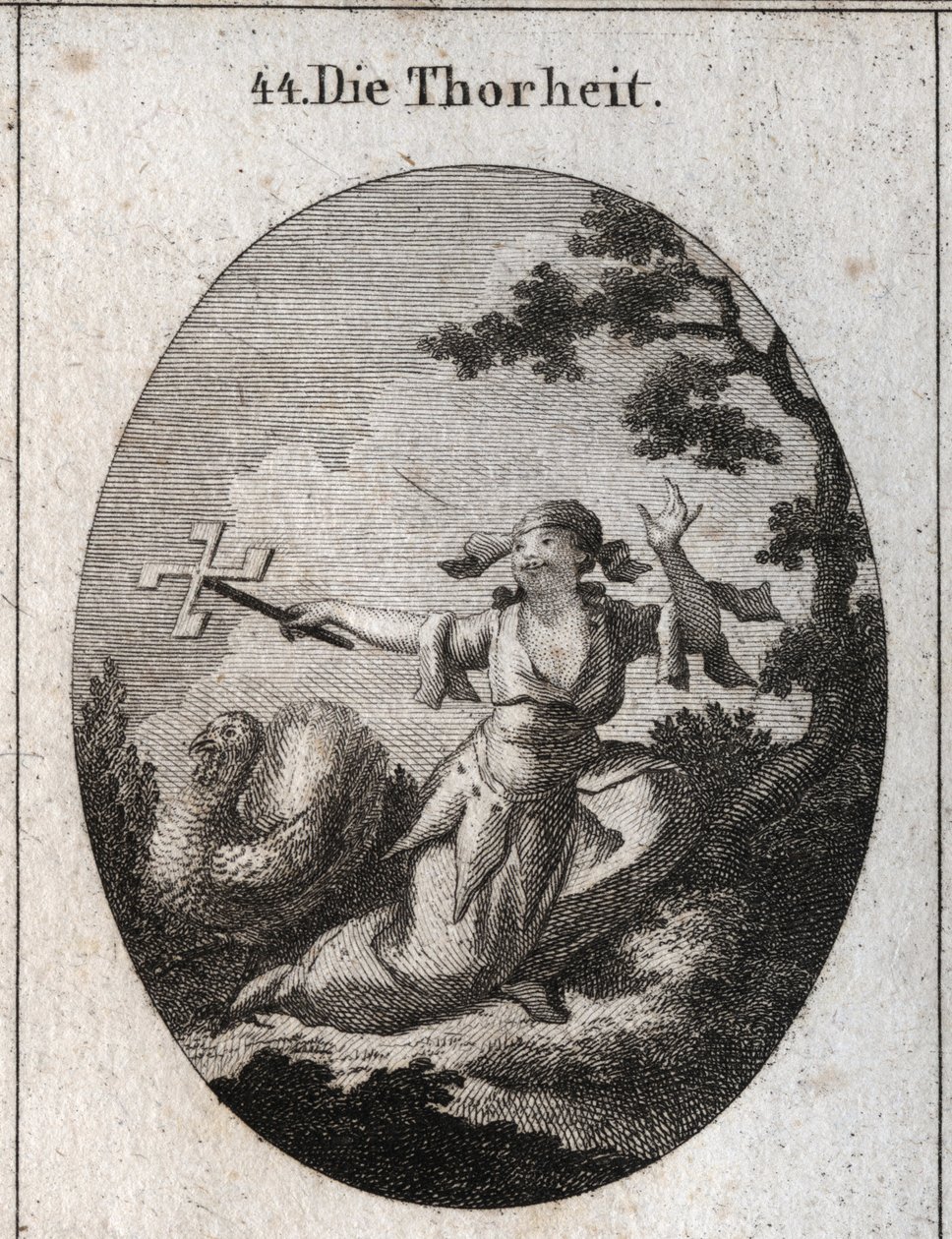 Allegorie der Dummheit, personifiziert durch eine lächerliche Frau, die eine Kartenrolle hält, die sich im Wind dreht und lacht, worüber sie lacht. Gravur in „Iconologie oder Ideen aus dem Gebiete der Leidenschaften und Allegorien bildlich dargestellt für  von Austrian School