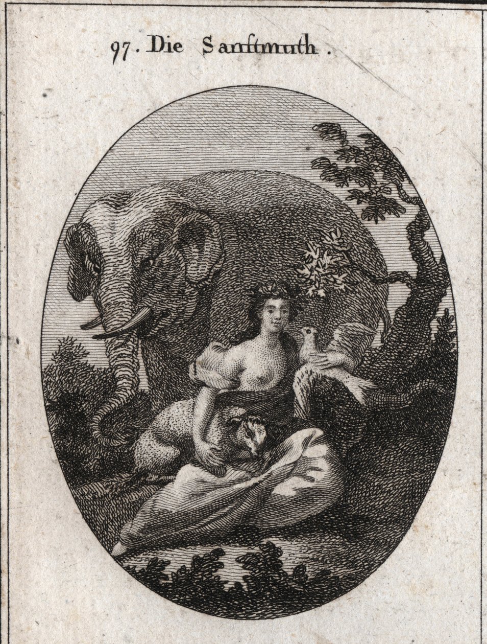 Allegorie der Sanftmut oder Mansuetude, Krone aus Olivenbäumen als Symbol des Friedens. Sein Attribut ist der Elefant, der die Güte des Herzens darstellt, das Lamm Symbol der Mansuetude und die Taube, Emblem der Sanftmut. Gravur in „Iconologie oder Ideen von Austrian School