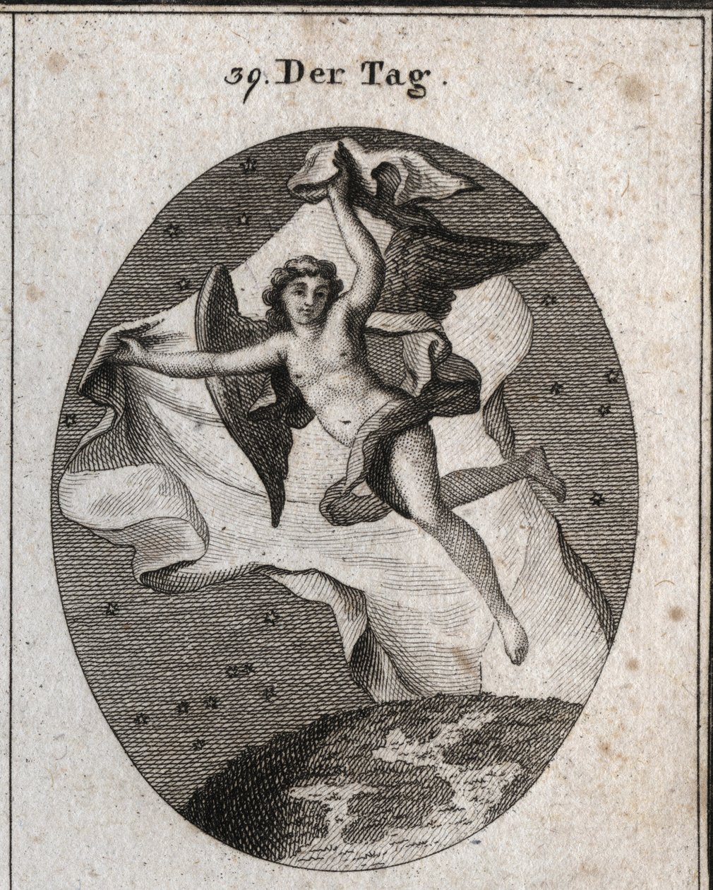 Allegorie des Tages, der schnell fliegt und die Nacht und die Sterne mit einem hellen großen Schleier verbirgt. Gravur in „Iconologie oder Ideen aus dem Gebiete der Leidenschaften und Allegorien bildlich dargestellt für Zeichner, Maler, Dichter, Gelehrte,  von Austrian School