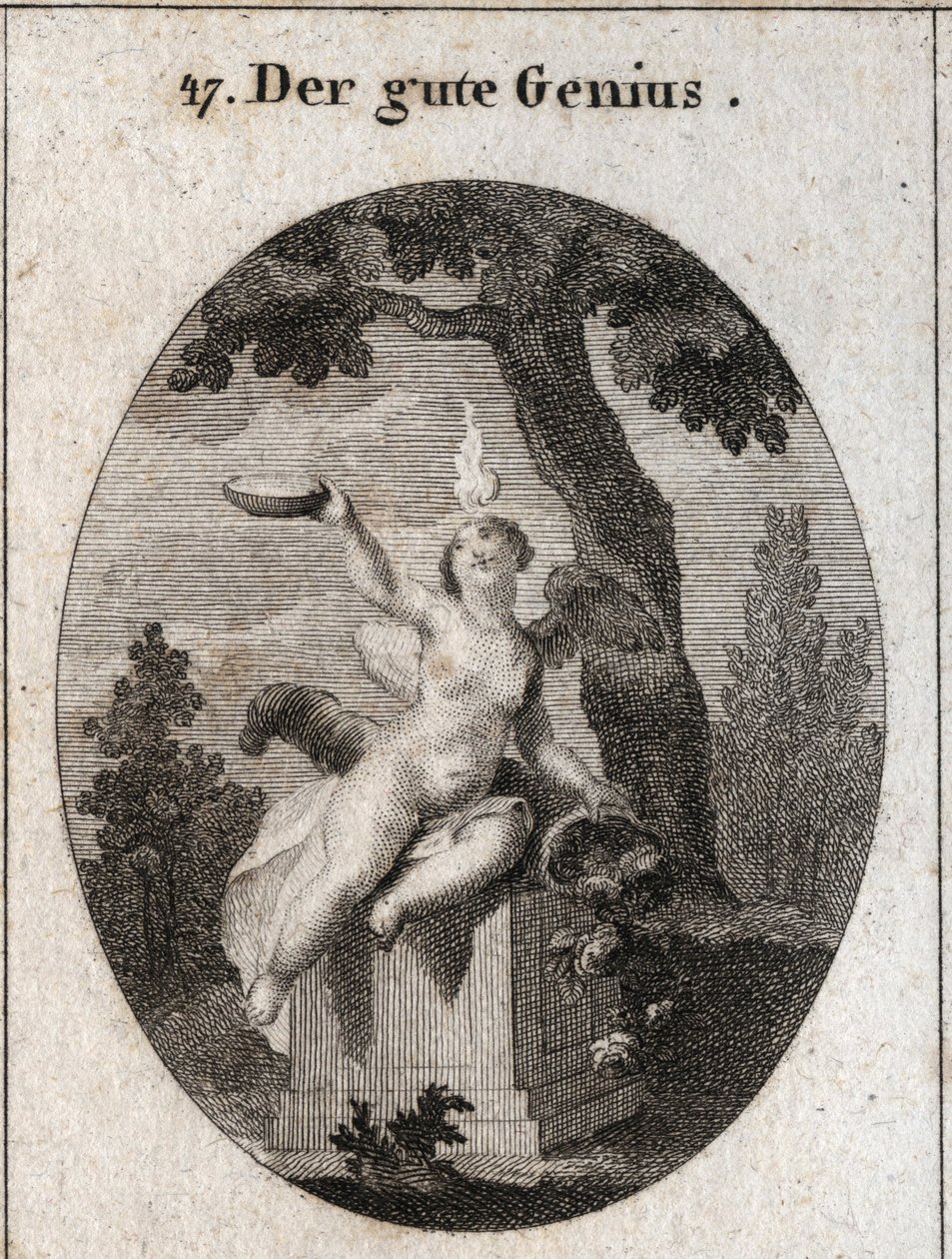 Allegorie des günstigen Genies unter der Figur eines geflügelten Kindes mit einer kleinen Flamme auf dem Kopf, sitzend auf einem Altar im Schatten einer Platane. Das Füllhorn bedeutet, dass es die Menschen mit seinen Gunstbeweisen erfüllt. Der Vater ist ei von Austrian School