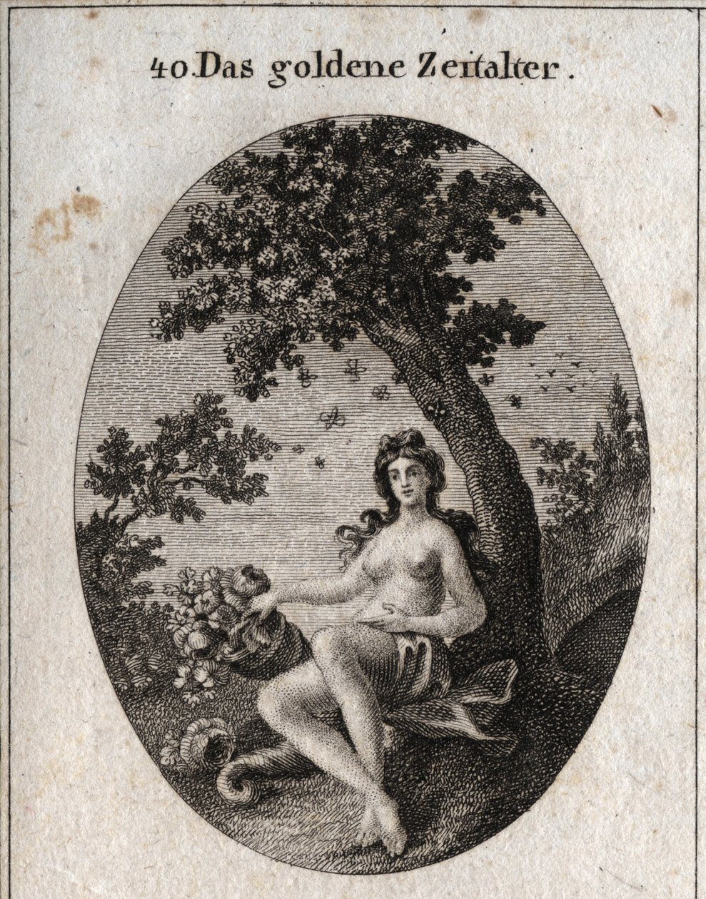 Allegorie des goldenen Zeitalters, dargestellt mit einem Füllhorn voller Früchte, sitzend neben einem Olivenbaum, Symbol des Friedens, in dessen Mitte ein Bienenschwarm ist. Gravur in „Iconologie oder Ideen aus dem Gebiete der Leidenschaften und Allegorien von Austrian School