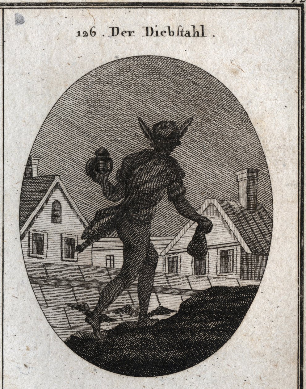 Allegorie des Diebstahls, dargestellt durch einen Mann, der in der Nacht mit einer tauben Laterne und einer Geldbörse in den Händen geht. Die Flügel an seinen Füßen zeigen, dass er bereit ist zu rennen. Gravur in „Iconologie oder Ideen aus dem Gebiete der  von Austrian School