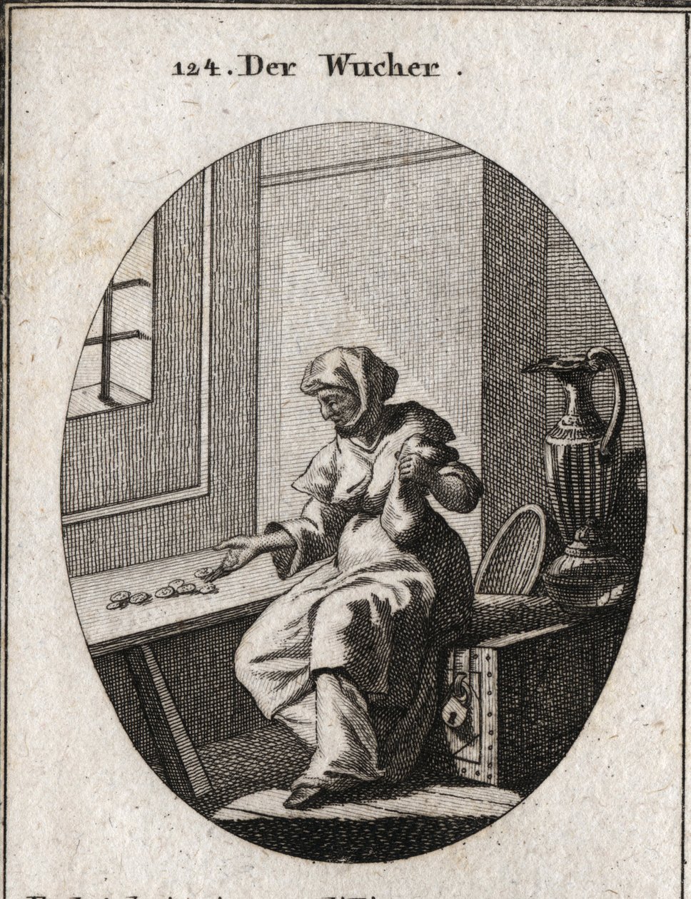 Allegorie des Reichtums, die auf einem Safe sitzt und Münzen zählt. Weitere Reichtümer sind in ihrer Nähe für größere Sicherheit. Gravur in „Iconologie oder Ideen aus dem Gebiete der Leidenschaften und Allegorien bildlich dargestellt für Zeichner, Maler, D von Austrian School