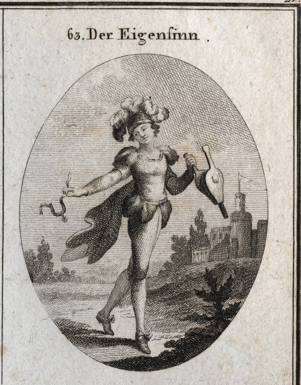 Allegorie der Laune. Sein Kostüm und seine Federn zeigen die Unbeständigkeit der Launen des Launischen. Die Blasebalg und der Sporn, die er hält, zeigen, dass er sowohl Tugend als auch Laster gleichgültig lobt. Gravur in „Iconologie oder Ideen aus dem Gebi von Austrian School