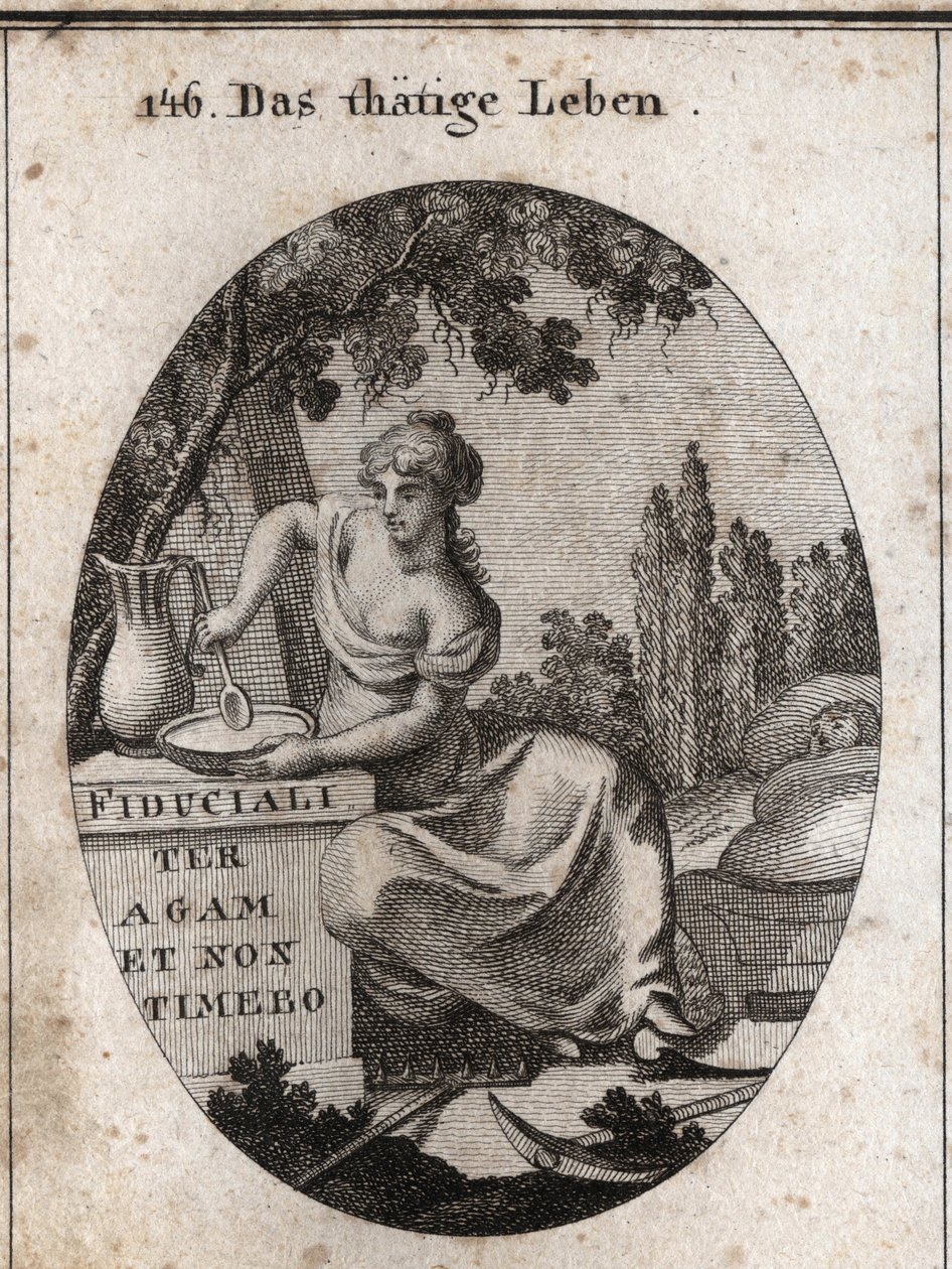 Allegorie des Arbeitslebens, die im Schatten eines Weinstocks sitzt. Sie wird dargestellt, wie sie sich darauf vorbereitet, in einem Teich zu essen und mit ihrem Fuß ein Kind zu wiegen. Pfluginstrumente sind neben ihr platziert. Gravur in „Iconologie oder  von Austrian School