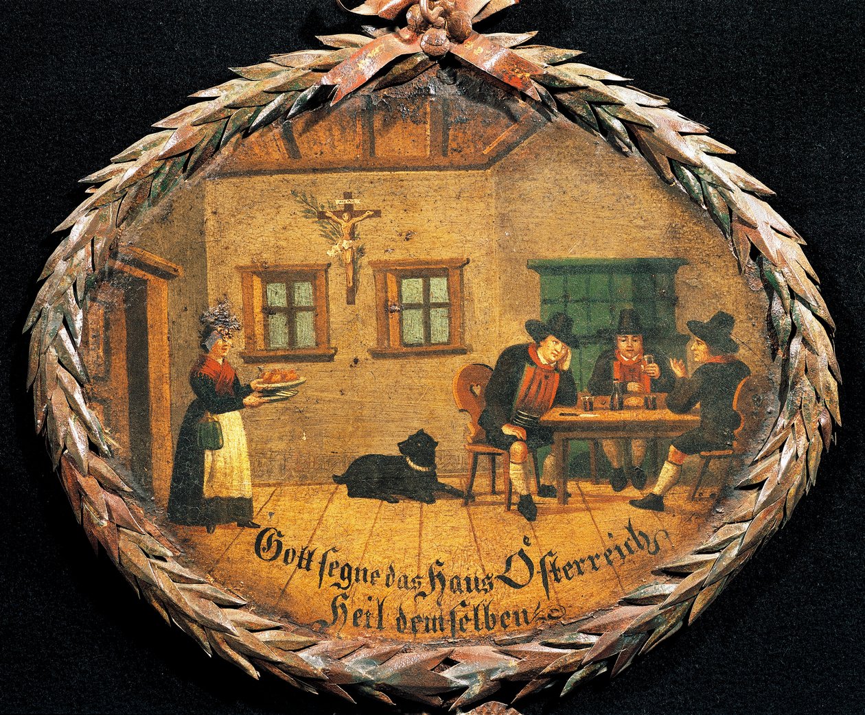 Kunden sitzen am Tisch in einer Gaststätte und Kellnerin, ovales Schild für Gasthaus, Österreich von Austrian School