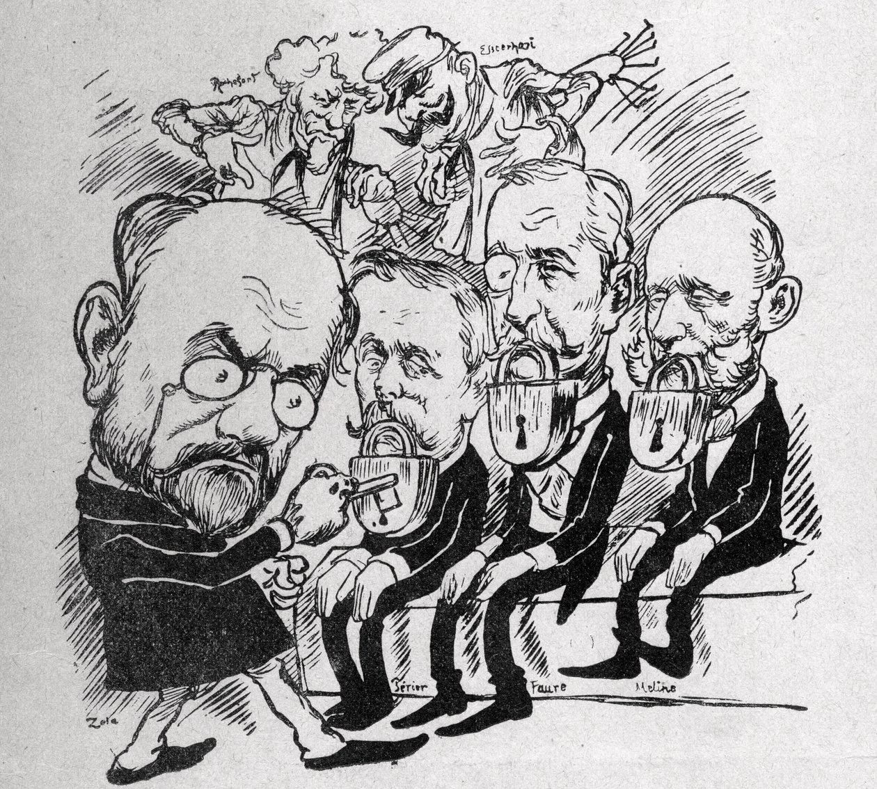Emile Zola versucht, die Schlösser zu öffnen, die die Münder von Präsidenten Jean Casimir-Perier (1847-1907) und Felix Faure (1841-1899) sowie des Präsidenten des Rates Jules Meline (1838-1925) verschließen, während im Hintergrund Henri Rochefort (1831-191 von Austrian School