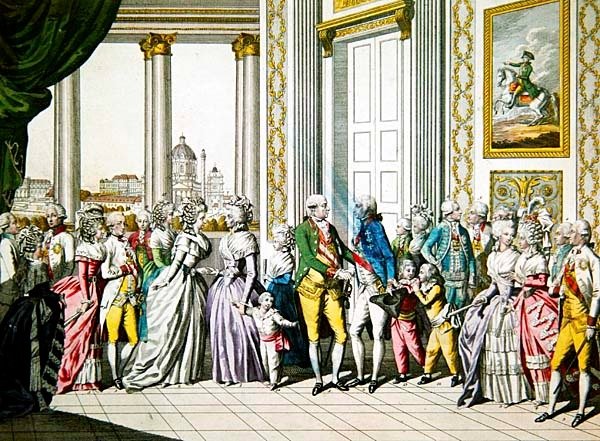 Kaiser Leopold II. und seine Familie begrüßen Ferdinand I., König von Neapel und Sizilien, und seine Familie in Wien von Austrian School