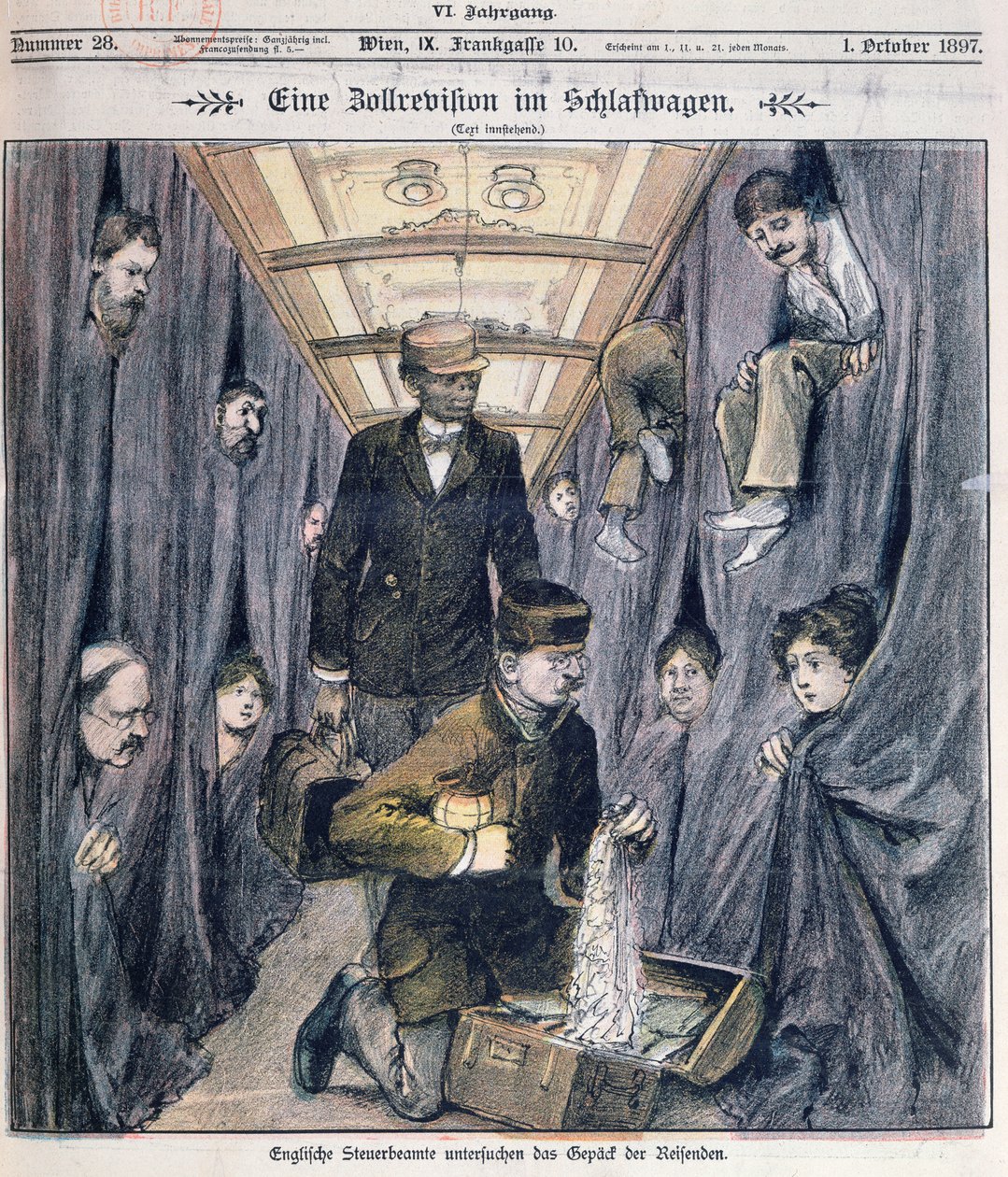 Englische Zollbeamte untersuchen Gepäck in einem Schlafwagen von Austrian School