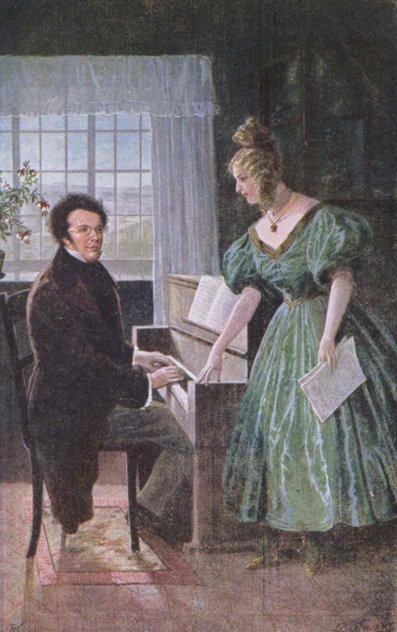 Franz Peter Schubert spielt Klavier, Postkarte ca. 1910 von Austrian School