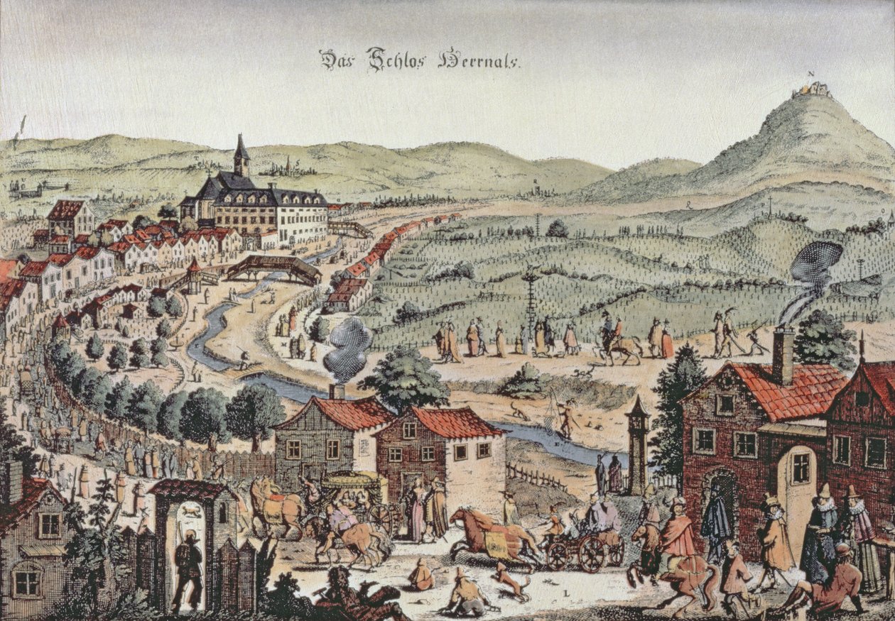 Ansicht des Nordens von Wien mit dem Schloss Hernals und den Kahlenberg-Hügeln im Hintergrund von Austrian School