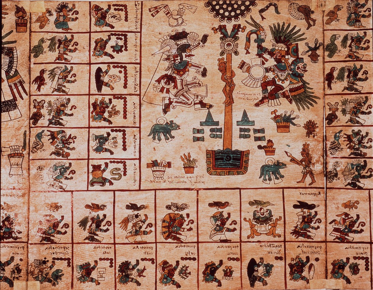 Darstellung aztekischer Gottheiten und Kästchen des Kalenders. Seite des aztekischen Manuskripts auf Rinde „Codex Borbonicus“, präkolumbianischer indigener Kodex aus Zentralmexiko, Ende des 15. Jahrhunderts. Bibliothek der Nationalversammlung (Palais Bourb von Aztec