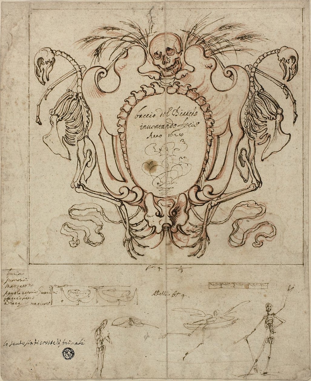 Begräbniskartusche mit Inschrift und Skizzen von Skeletten und ornamentalen Details von Baccio del Bianco