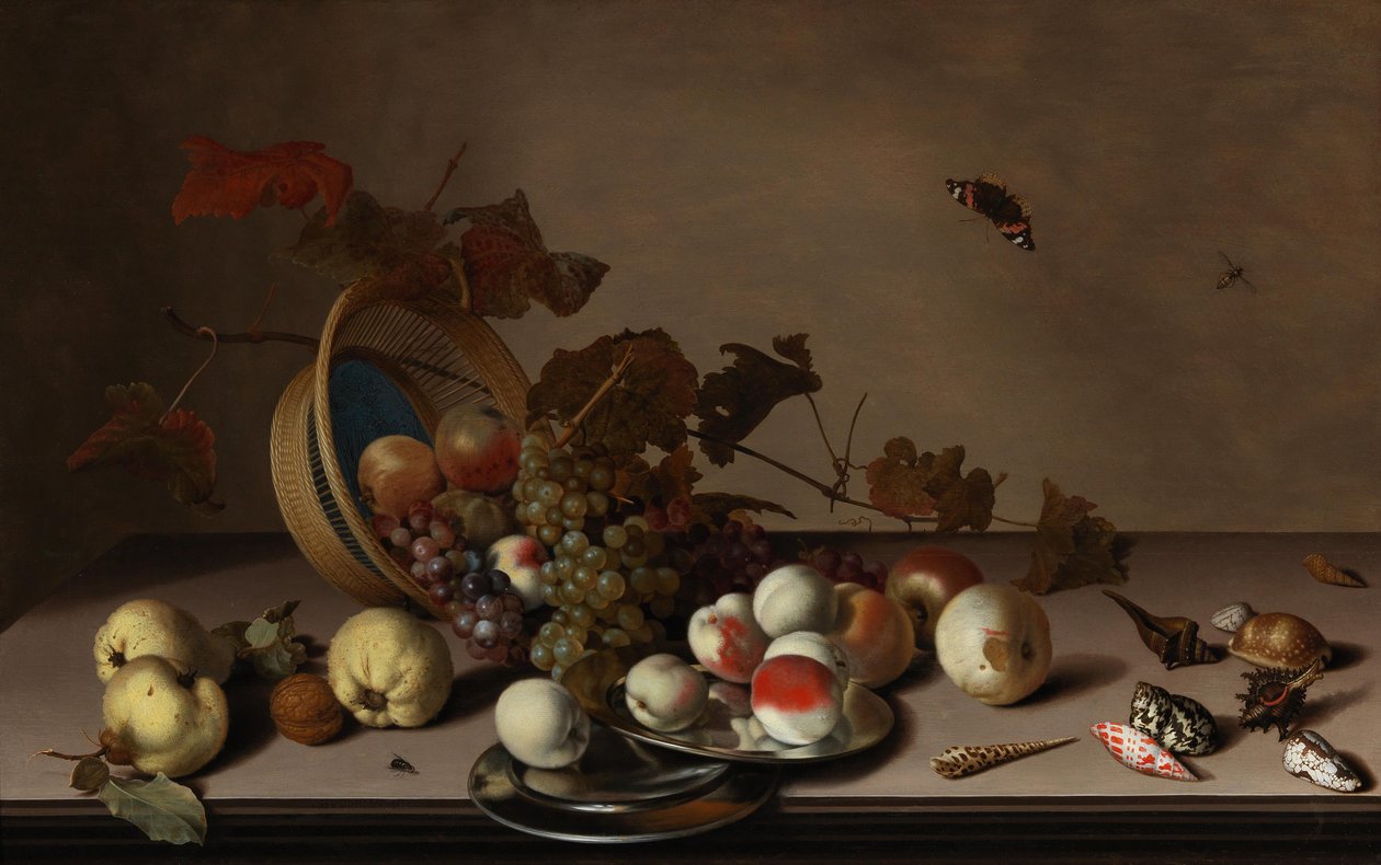 Früchtestillleben mit Weidenkorb, Muscheln und Schmetterling, erste Hälfte des 17. Jahrhunderts von Balthasar van der Ast