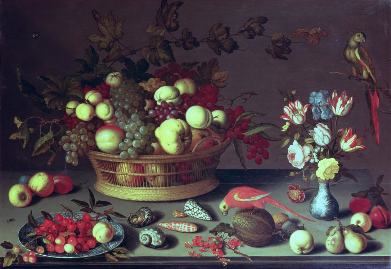 Ein Korb mit Trauben und anderem Obst von Balthasar van der Ast