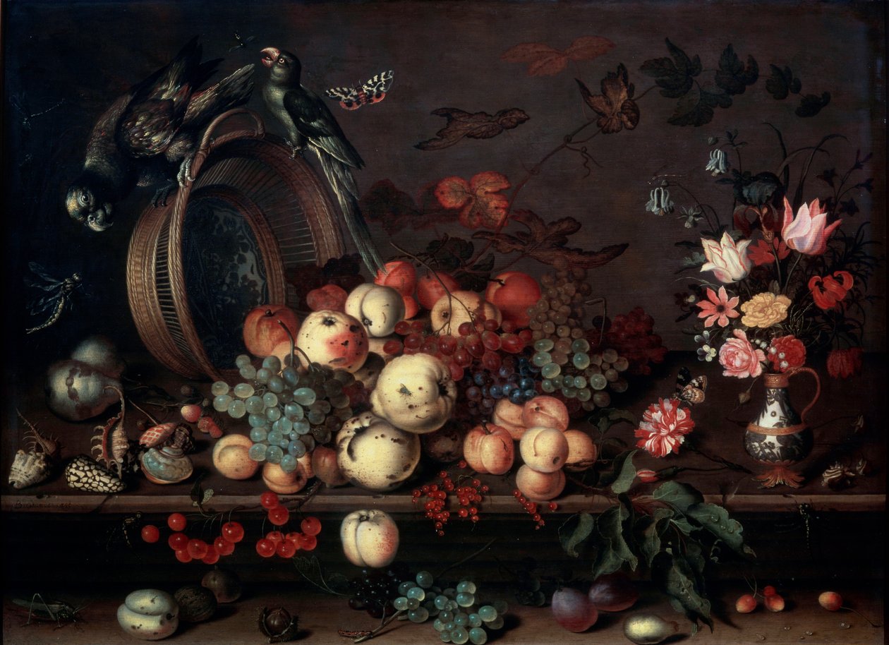 Stillleben mit Früchten, Blumen und Papageien, 1620er Jahre von Balthasar van der Ast