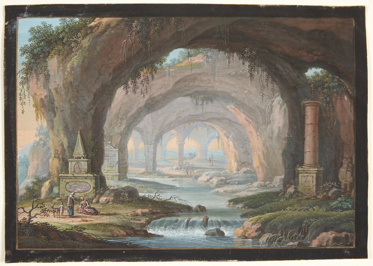 Landschaft mit durchbrochenen Grotten, Grabdenkmälern, einem Fluss und Figuren von Barbara Dietzsch