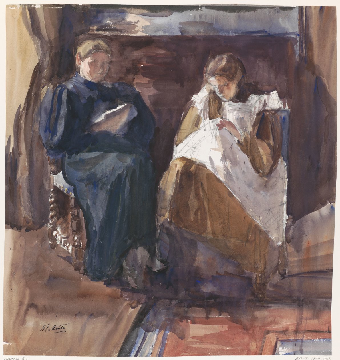 Lesende Dame und stickendes Mädchen, von vorne gesehen, im Haus an der Riouwstraat 6, Den Haag von Barbara Elisabeth van Houten