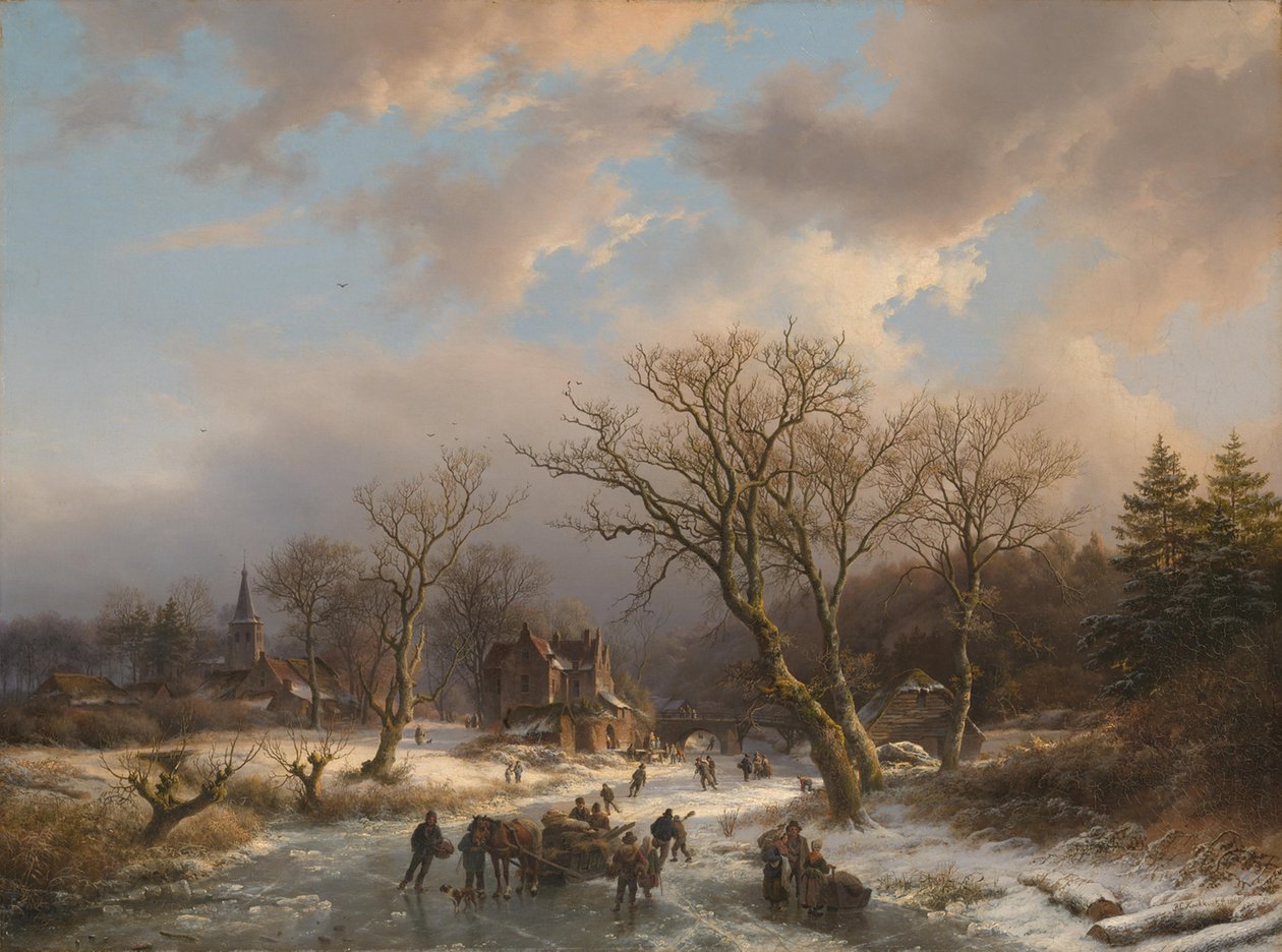 Ein Dorf und ein altes Gebäude in einer baumreichen Landschaft an einem gefrorenen Wasser von Barend Cornelis Koekkoek
