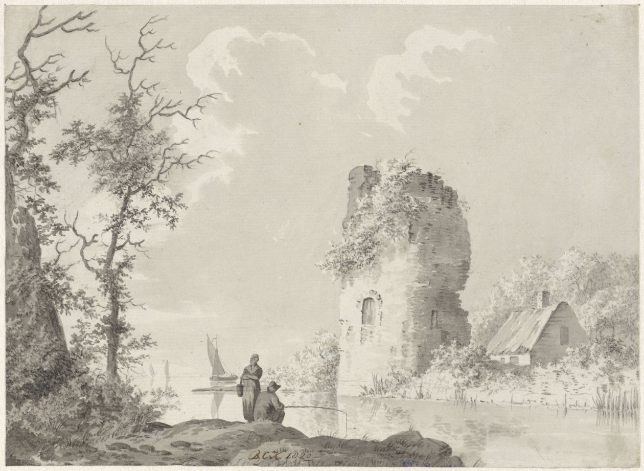 Flusslandschaft mit Turm und Angler von Barend Cornelis Koekkoek