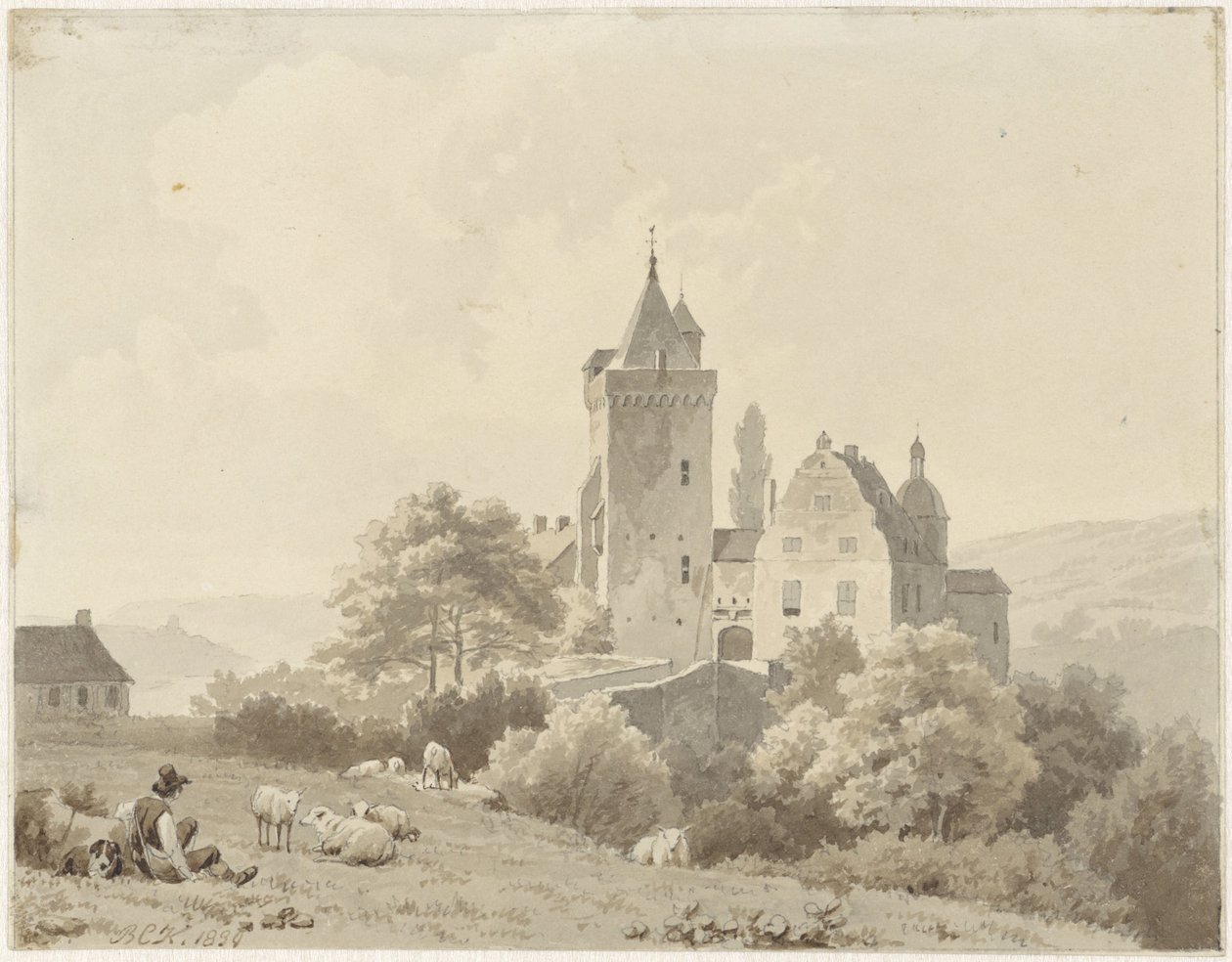 Ruhender Hirte bei Schloss Lansberg von Barend Cornelis Koekkoek