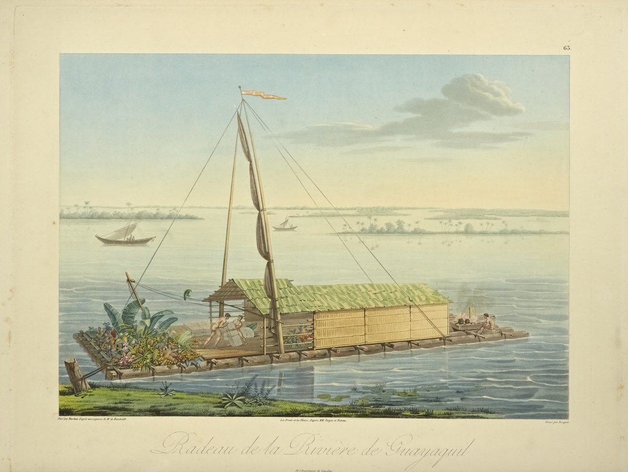 Floß auf dem Fluss Guayaquil, gezeichnet von Marchais, graviert von Bouquet, Illustration aus "Vues des Cordillères et Monumens des Peuples Indigènes de l