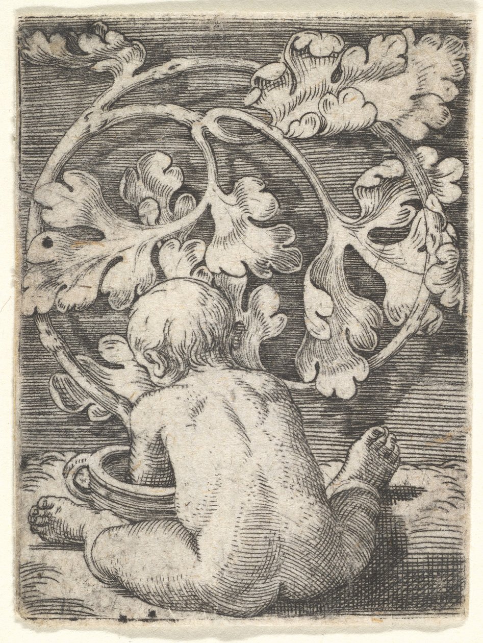 Nacktes Kind von hinten gesehen, sitzt vor einem Gefäß, Mitte des 17. Jahrhunderts von Barthel Beham