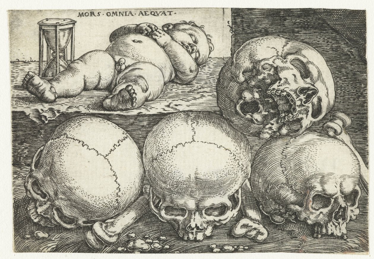 Schlafendes Kind mit Sanduhr und vier Schädeln von Barthel Beham