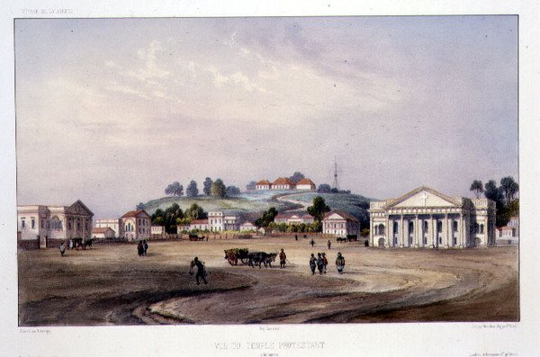 Ansicht eines protestantischen Tempels, Singapur, graviert von Alfred Leon Lemercier, c.1840 von Barthelemy (after) Lauvergne