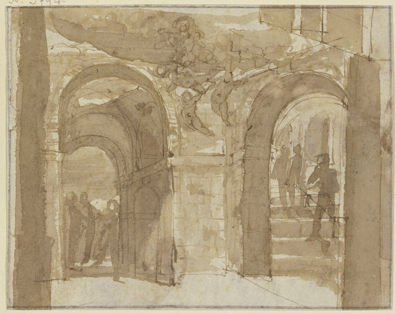 Antikes Gewölbe mit Treppe und mehreren Figuren, oben schwebt Maria mit Engeln von Bartholomeus Breenbergh