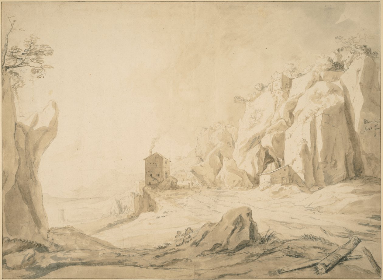 Landschaft mit einer Straße unterhalb von Klippen bei Bracciano von Bartholomeus Breenbergh