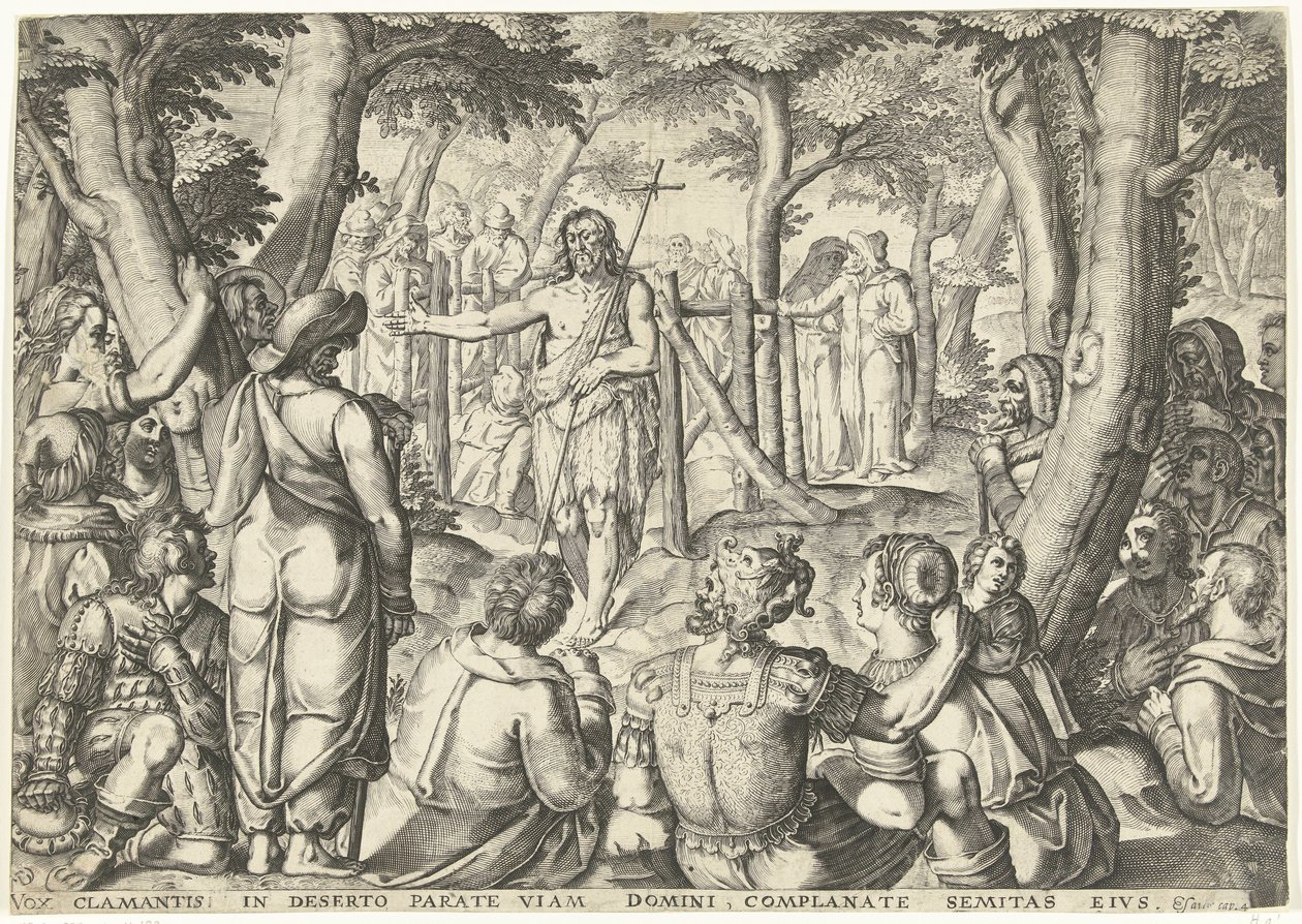 Johannes der Täufer predigt vor einer Gruppe Menschen von Bartholomeus Willemsz. Dolendo