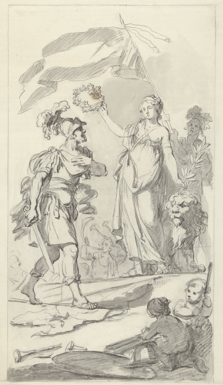 Der tapfere Bataver von der niederländischen Jungfrau gekrönt, 1799 (Entwürfe für das Denkmal zum Nationalfest zur Feier des Friedens vom 17. Dezember 1799) von Bartholomeus Ziesenis