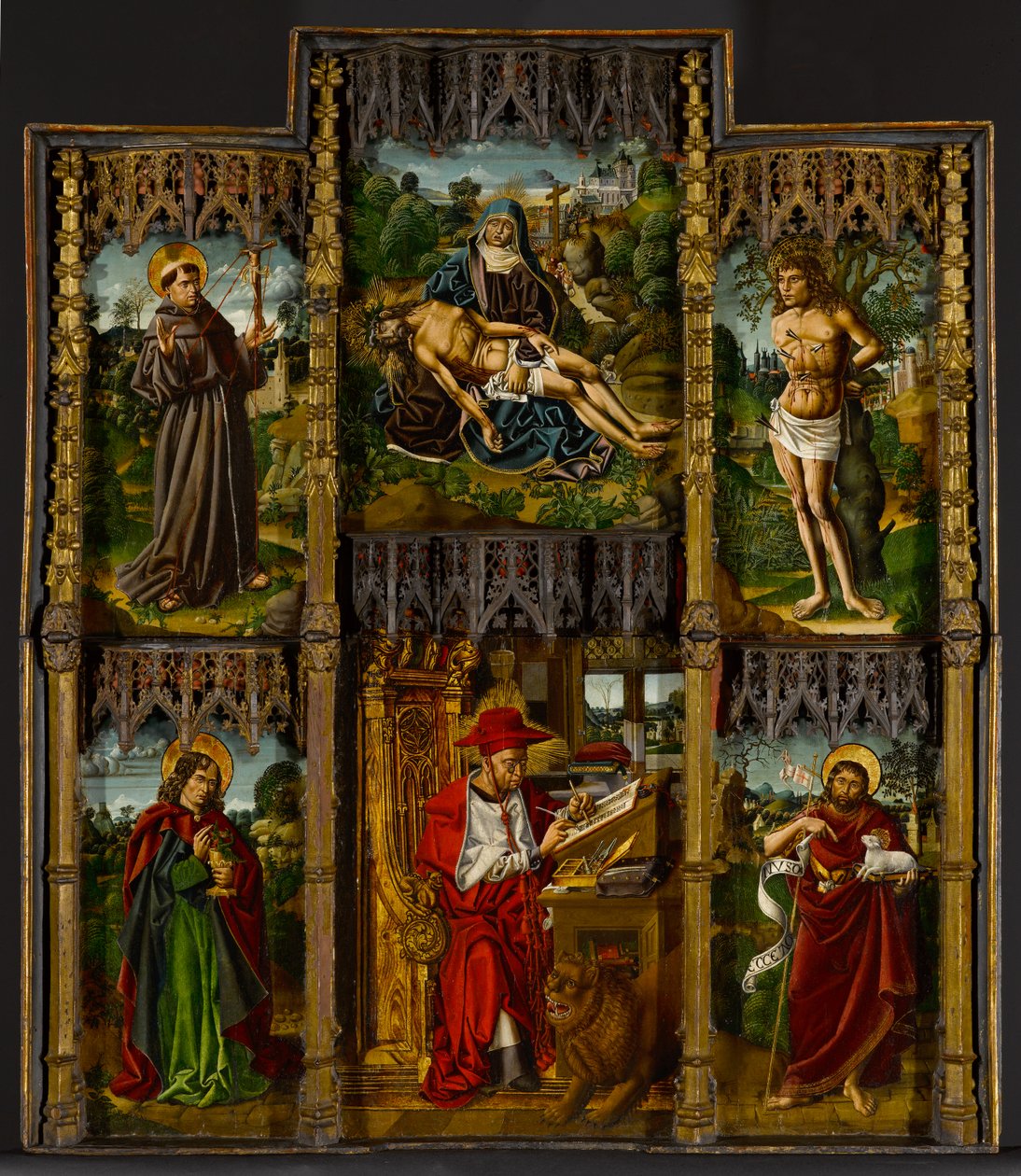 Tragbarer Altar: Pietà, Heilige Franziskus, Sebastian, Johannes der Evangelist, Hieronymus und Johannes der Täufer, ca. 1500 von Bartolomé Bermejo