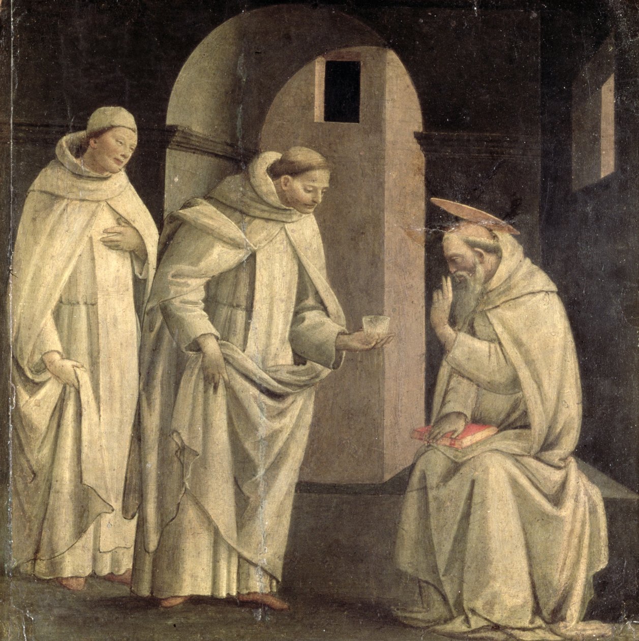 Szenen aus dem Leben des hl. Benedikt: Der hl. Benedikt segnet den Giftbecher, der zerbricht (Predella-Panel), ca. 1488 von Bartolomeo di Giovanni