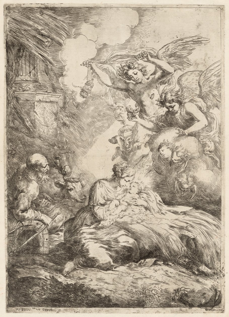 Die Heilige Familie von Engeln angebetet (Die große Geburt Christi, ca. 1655) von Bartolomeo Biscaino