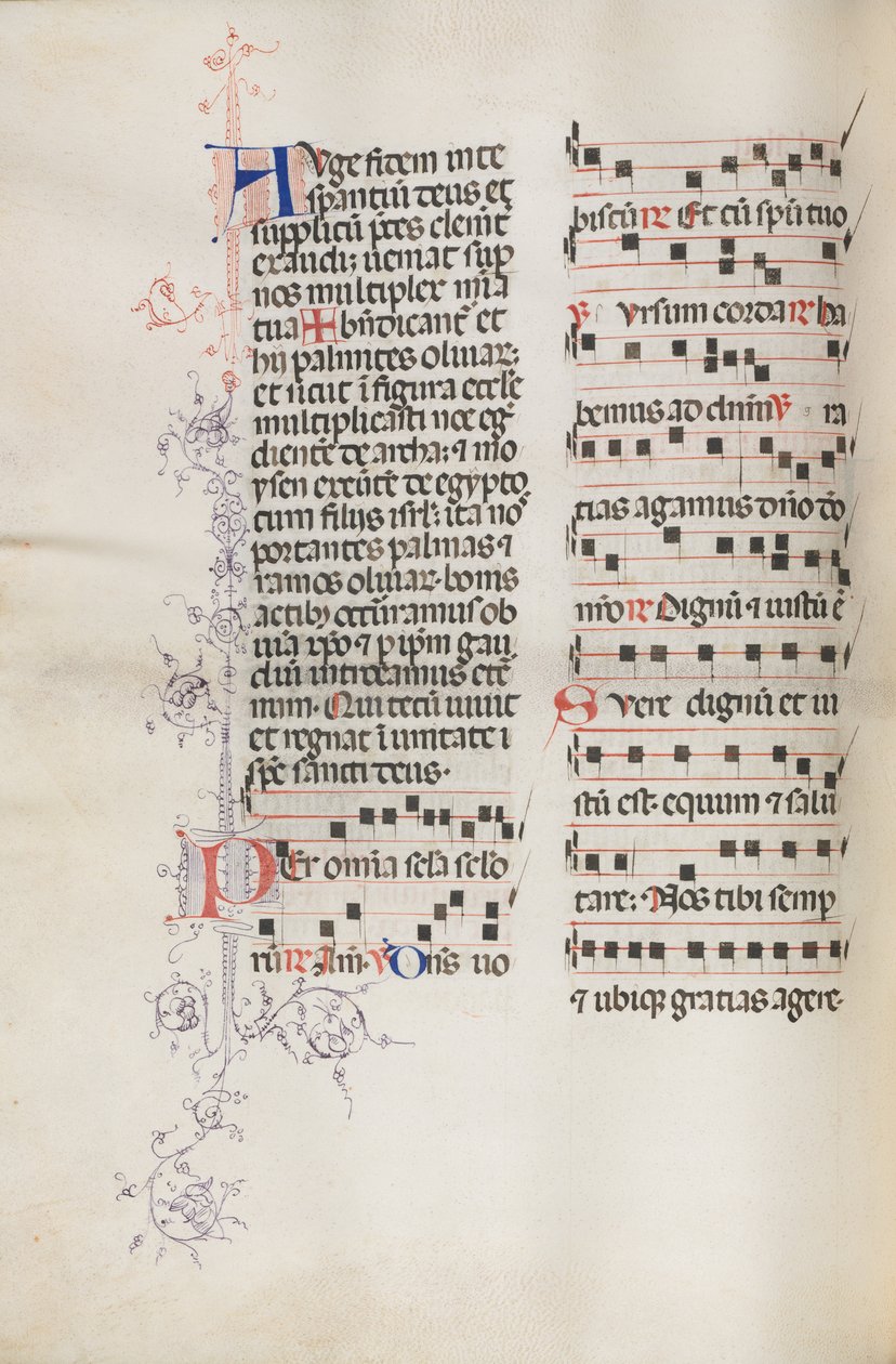 Missale: Fol. 111v, enthält einige Musikstücke als Teil der Palmsonntagsliturgie, 1469 von Bartolomeo Caporali