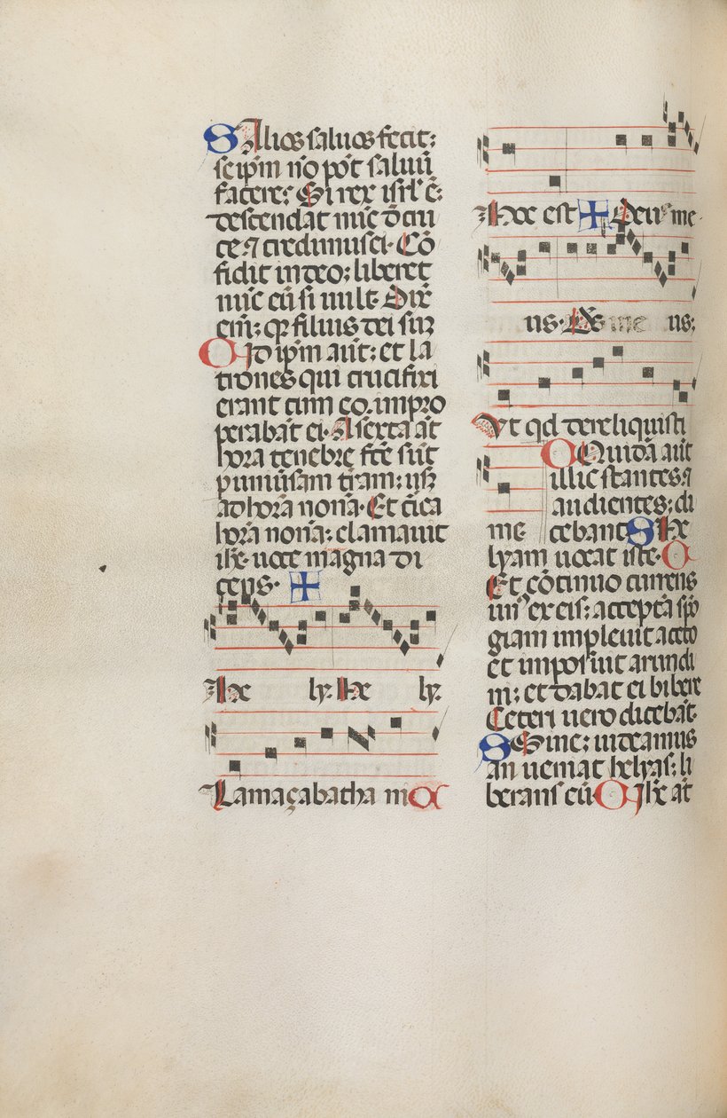 Missale: Fol. 121v: enthält Musik für Hely Hely Lama usw. innerhalb der St. Mattion Passion, 1469 von Bartolomeo Caporali