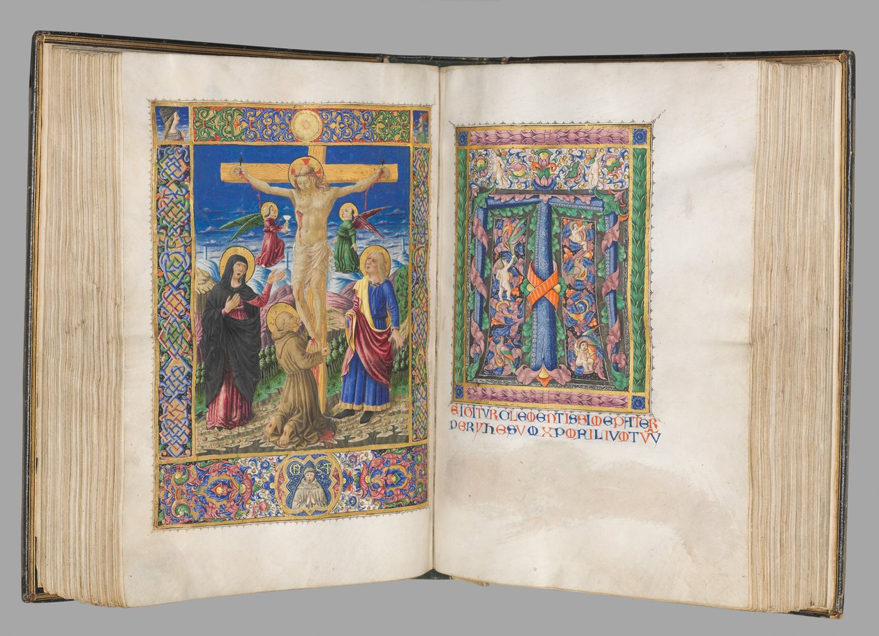 Missale: Fol. 185v: Kreuzigung mit Rändern, ganzseitig, 1469 von Bartolomeo Caporali
