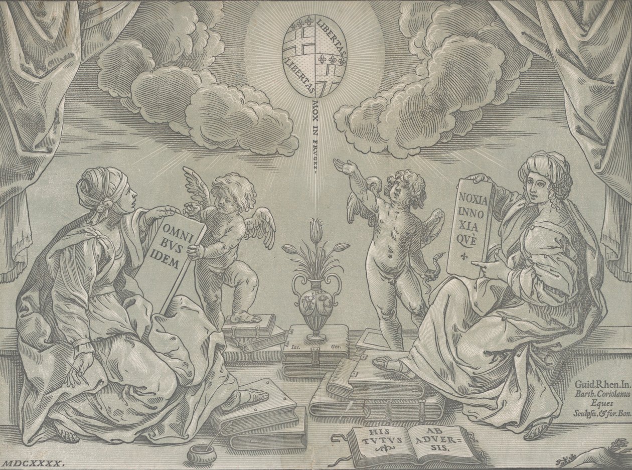 Allegorie einer These, zwei Frauen halten beschriftete Tafeln, 1640 von Bartolomeo Coriolano
