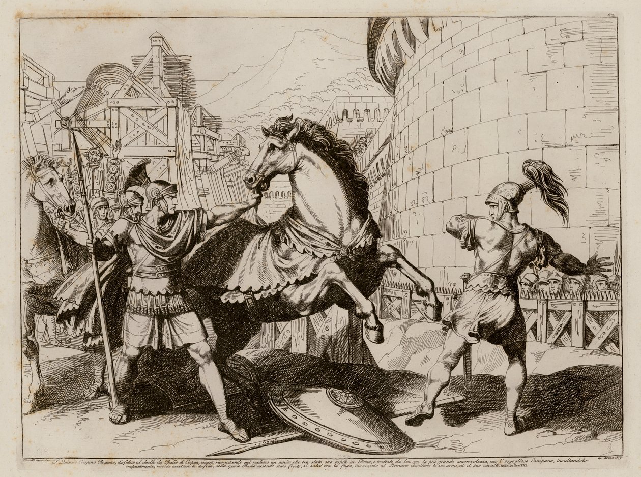 Badius von Capua flieht nach einer Schlacht mit Titus Quinctius Crispinus Sulpicianus von Bartolomeo Pinelli