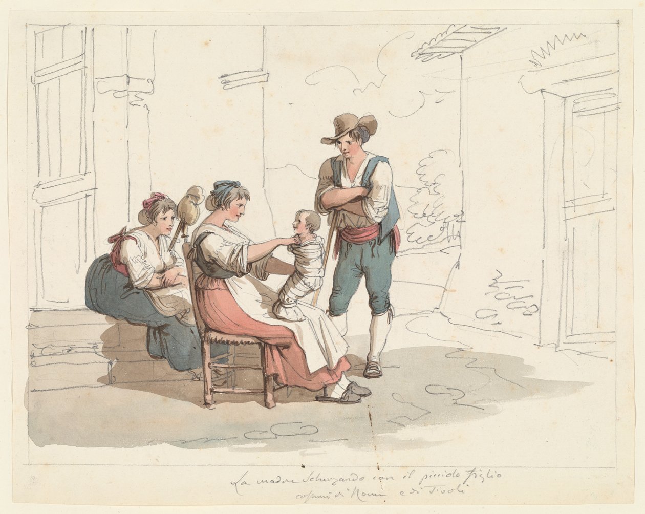 Familienszene mit einer Mutter und einem Kind, Illustration für „Römische Trachten und Bräuche“ von Bartolomeo Pinelli