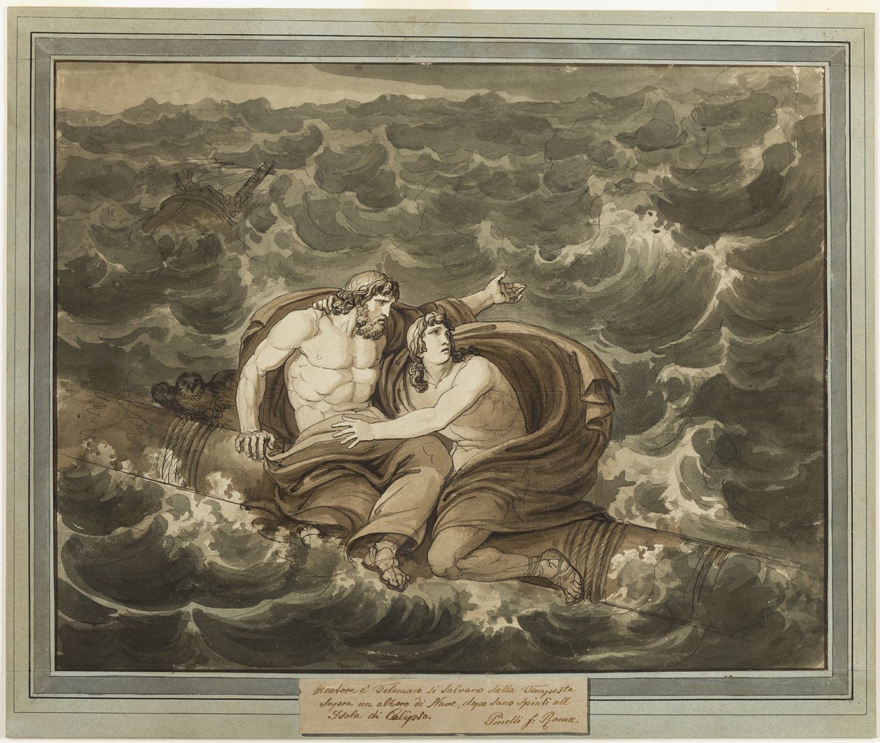 Mentor und Telemach, nach dem Sturm, werden auf einem Mast zur Insel Kalypso gebracht, aus Die Abenteuer des Telemach, Buch 6 von Bartolomeo Pinelli