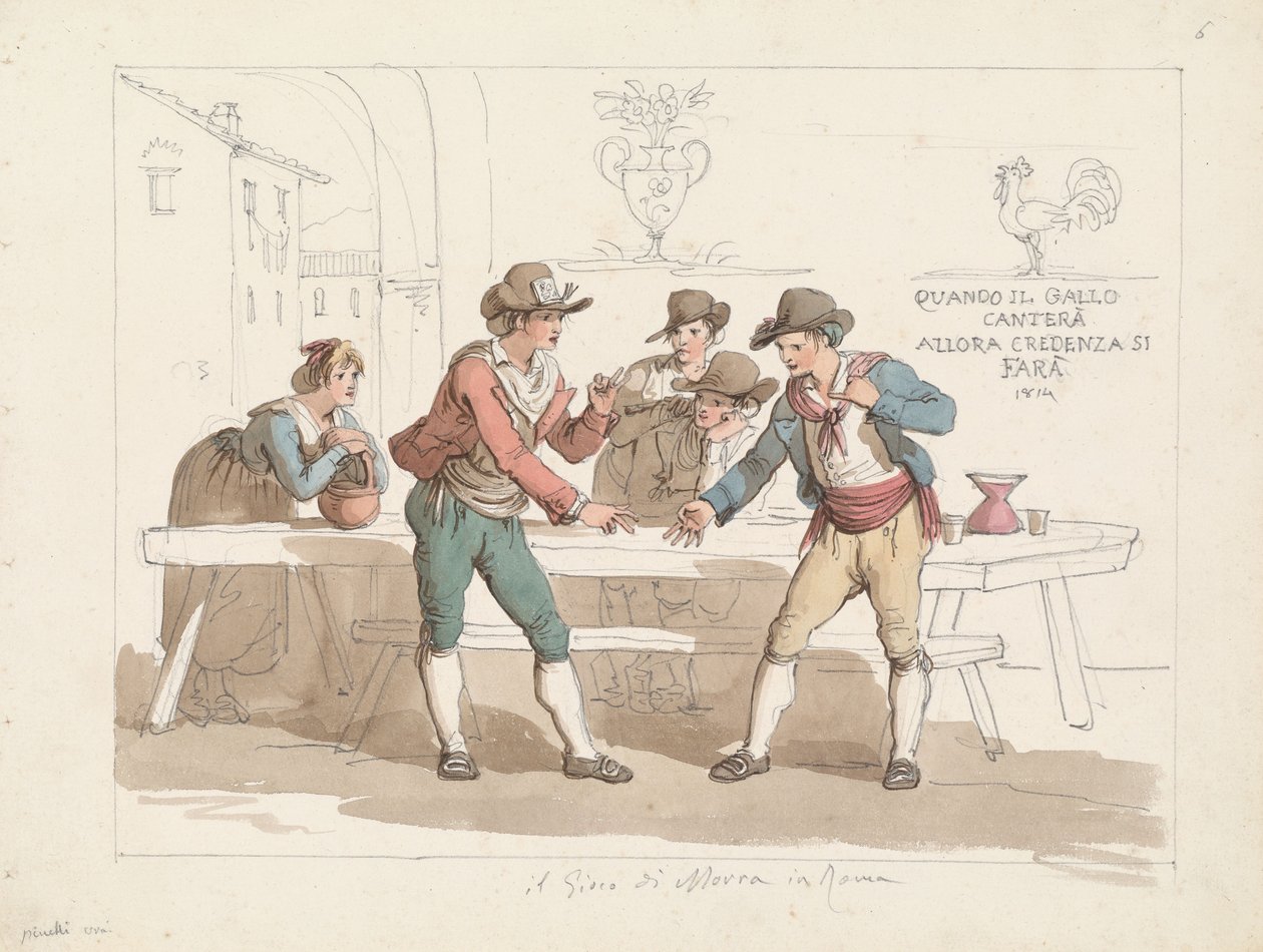 Das Spiel Morra in einer römischen Osteria, Illustration für Römische Kostüme und Bräuche von Bartolomeo Pinelli