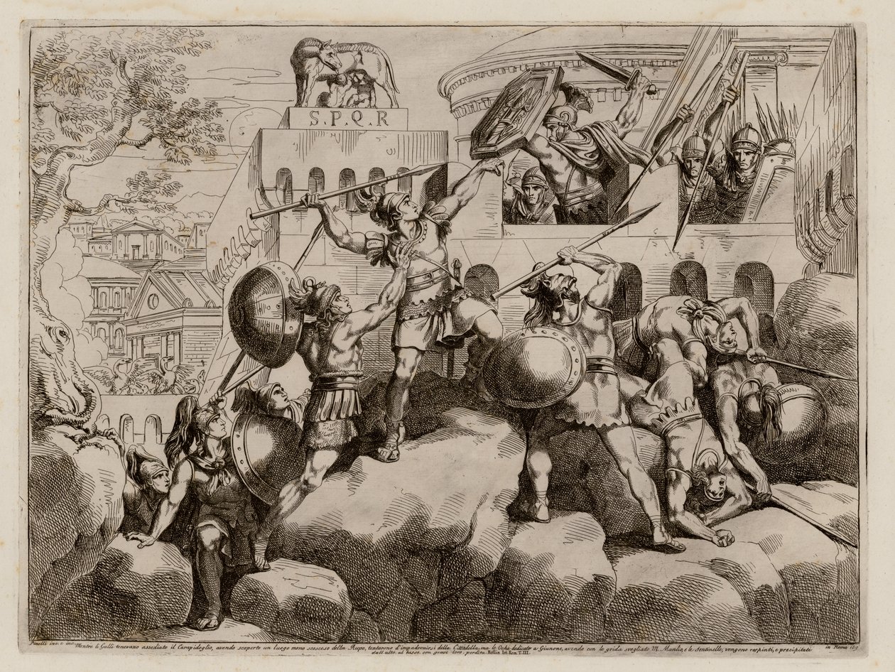 Römer verteidigen die Zitadelle gegen die Gallier, gewarnt von den kapitolinischen Gänsen, 390 v. Chr. von Bartolomeo Pinelli